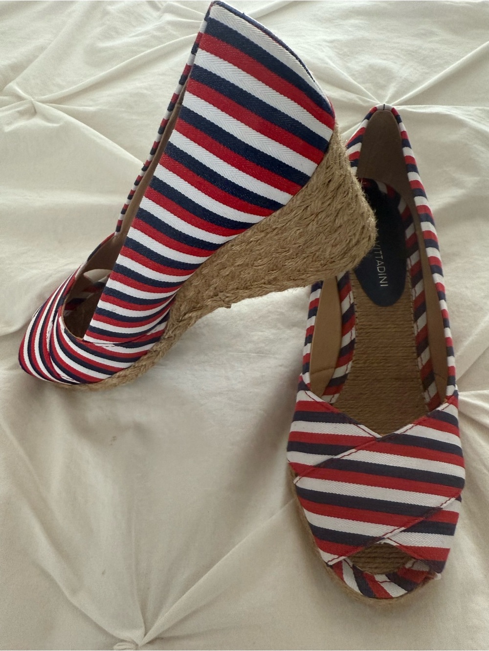 Adrienne Vittadini Red White Navy Striped Espadrille Wedge Peep-Toe